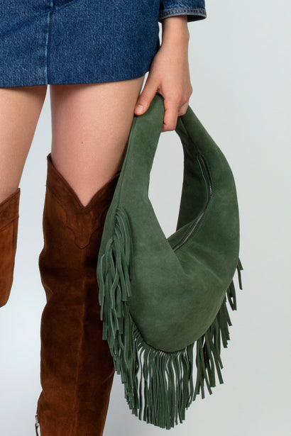 FRINGE SUEDE HOBO BAG IN MOSS