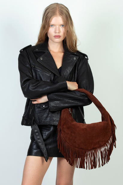 FRINGE SUEDE HOBO BAG IN TAN