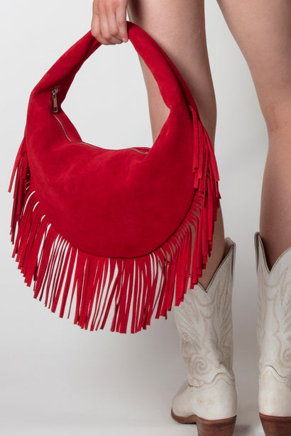 FRINGE SUEDE HOBO BAG IN RED