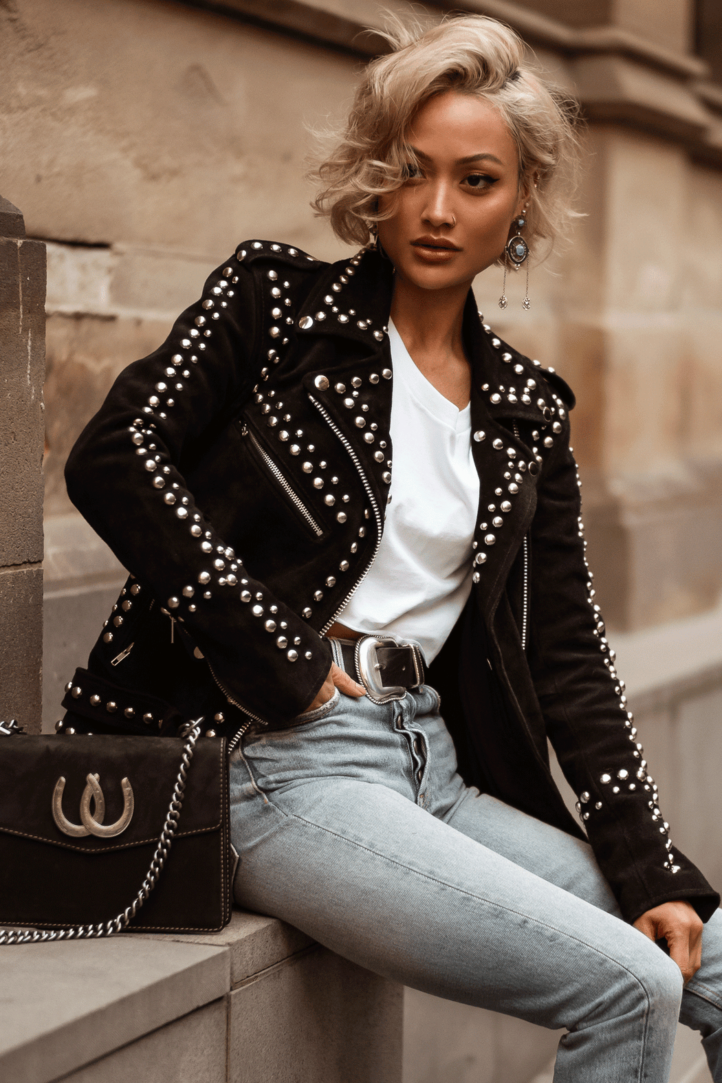 Miss Selfridge faux leather studded biker jacket in black | ASOS